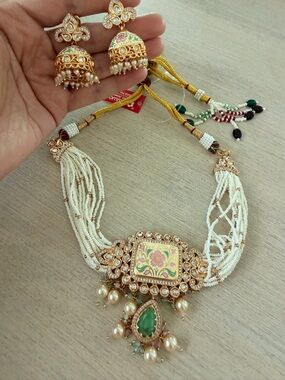 Handcrafted White Bead and Green Stone Necklace Set with Earrings